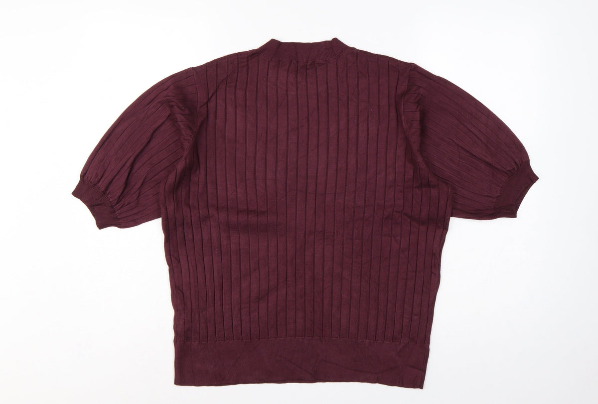 R Women’s Burgundy Red L Rib Knit Balloon Sleeve Short Sleeve Jumper