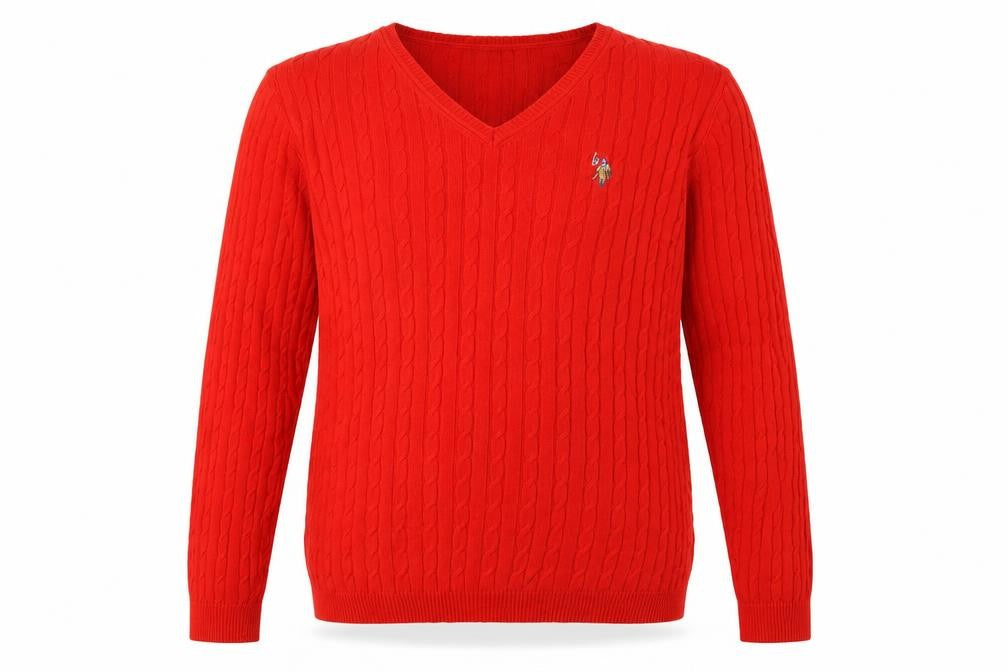 U.S. Polo Assn. Men’s Red XL Cable Knit V-Neck Cotton Jumper