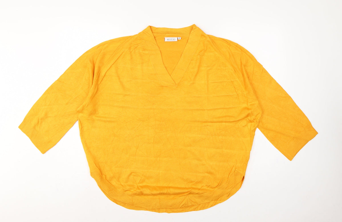 Masai Women Yellow XS Relaxed V-Neck Short Sleeve Knit Jumper