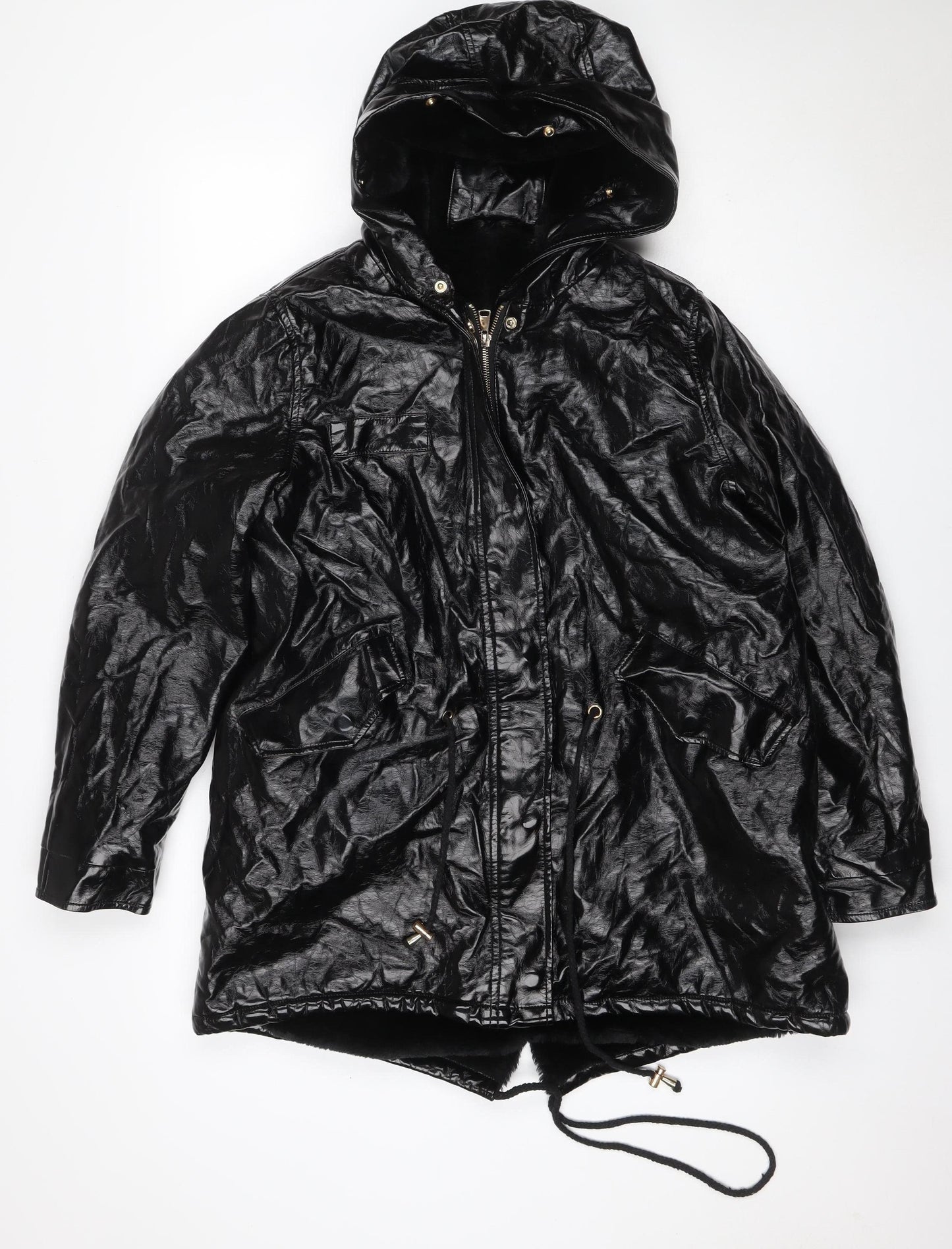 Amylum Women Black Size 14 Hooded Faux Leather Parka Jacket