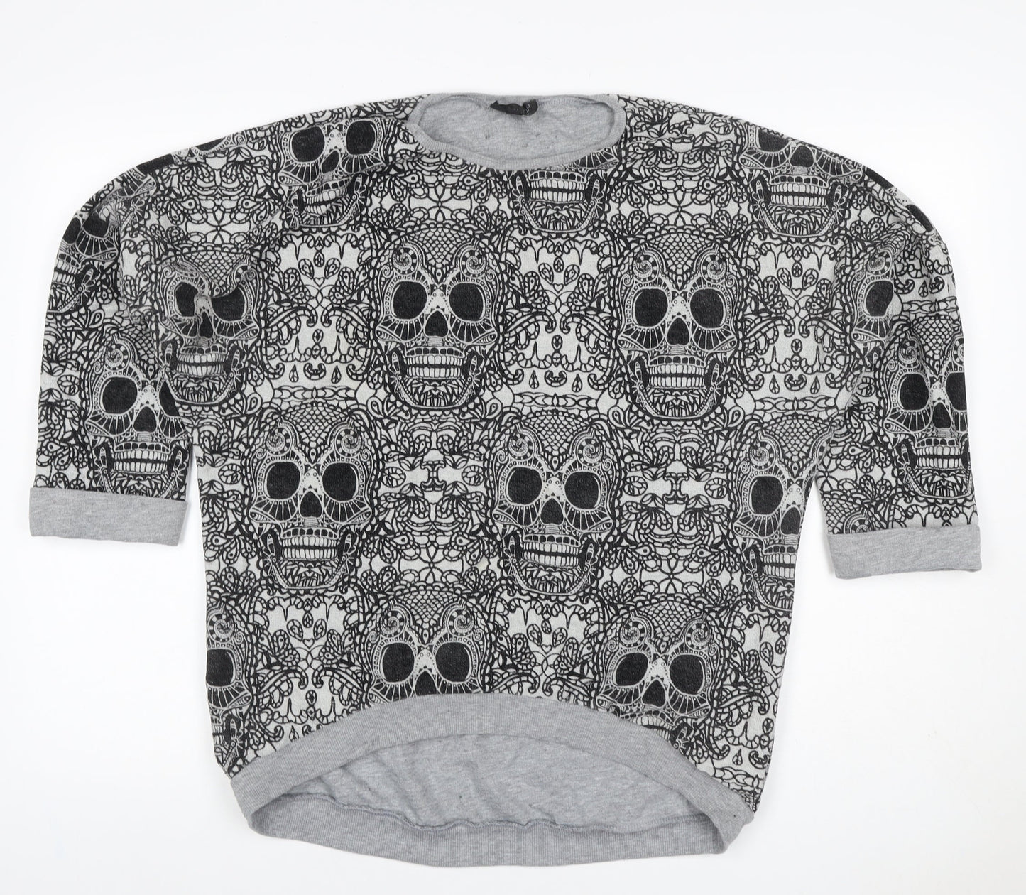 Topshop Women Grey Skull Print 3/4 Sleeve Pullover Sweatshirt UK 12