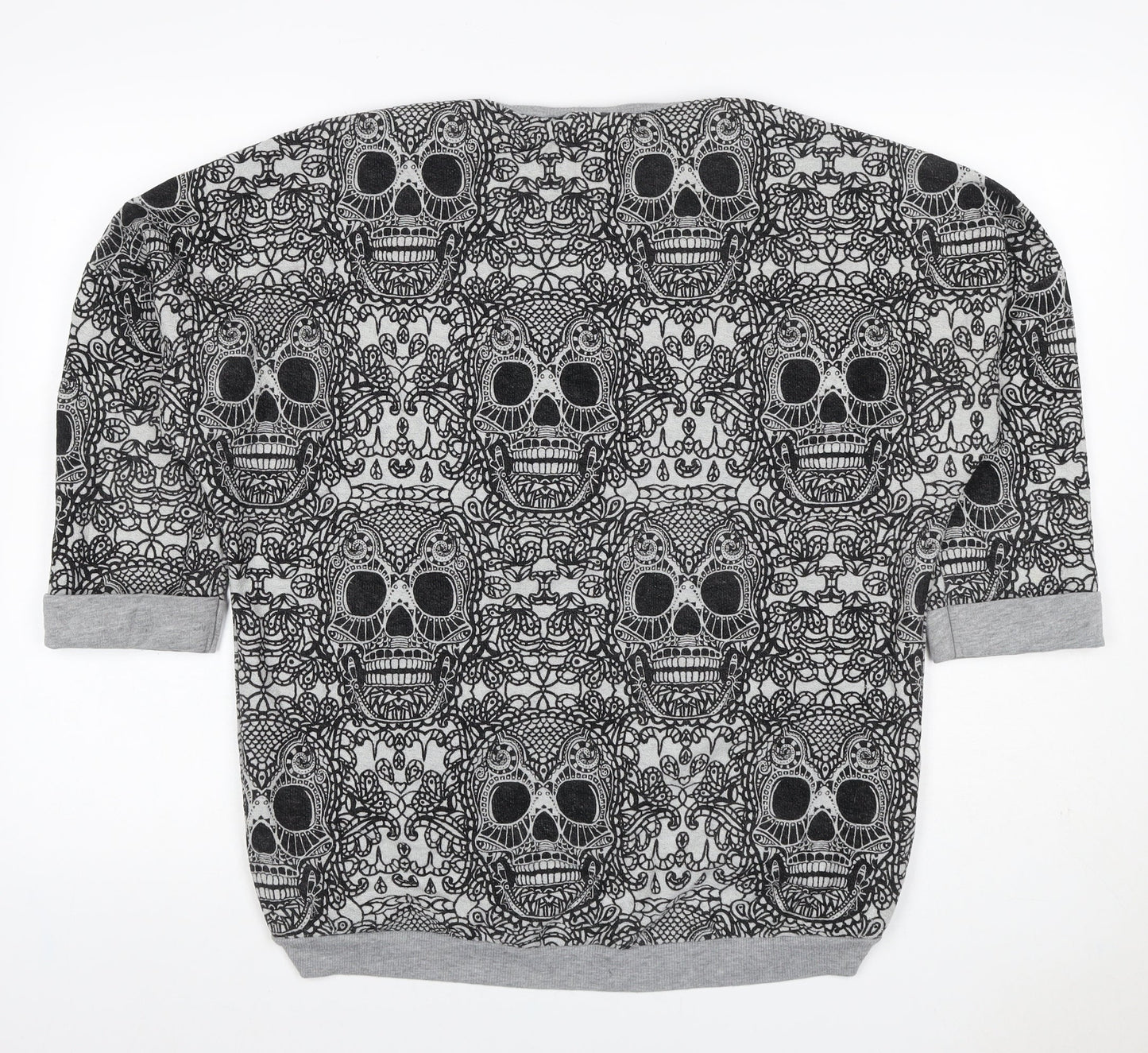Topshop Women Grey Skull Print 3/4 Sleeve Pullover Sweatshirt UK 12