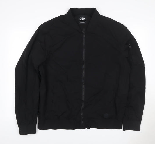 Zara Men Black XL Bomber Jacket Full Zip Lightweight Pockets