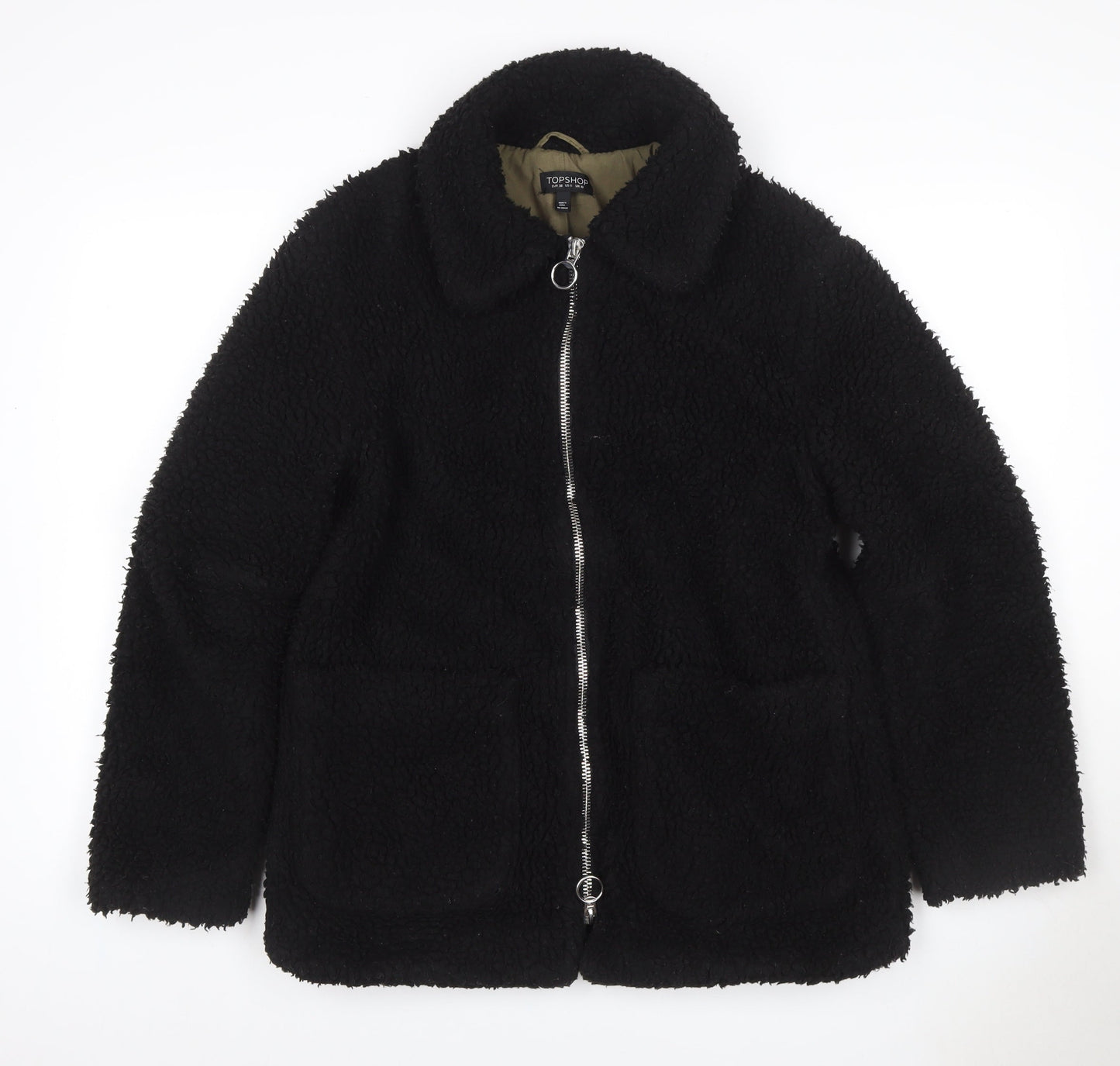 Topshop Women’s Black Borg Fleece Zip Jacket UK 10 Lined