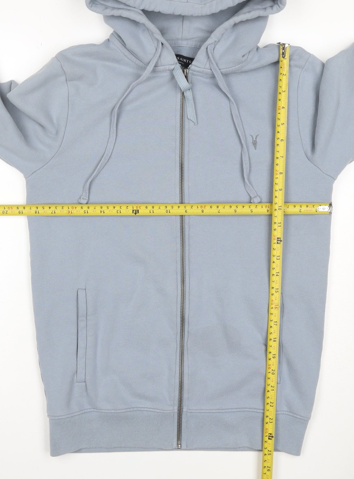AllSaints Men’s Blue XS Full Zip Hooded Cotton Logo Hoodie