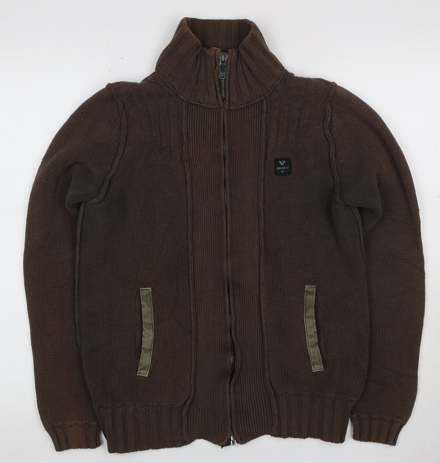 Firetrap Men's Brown S Full Zip High Neck Cotton Knit Jumper