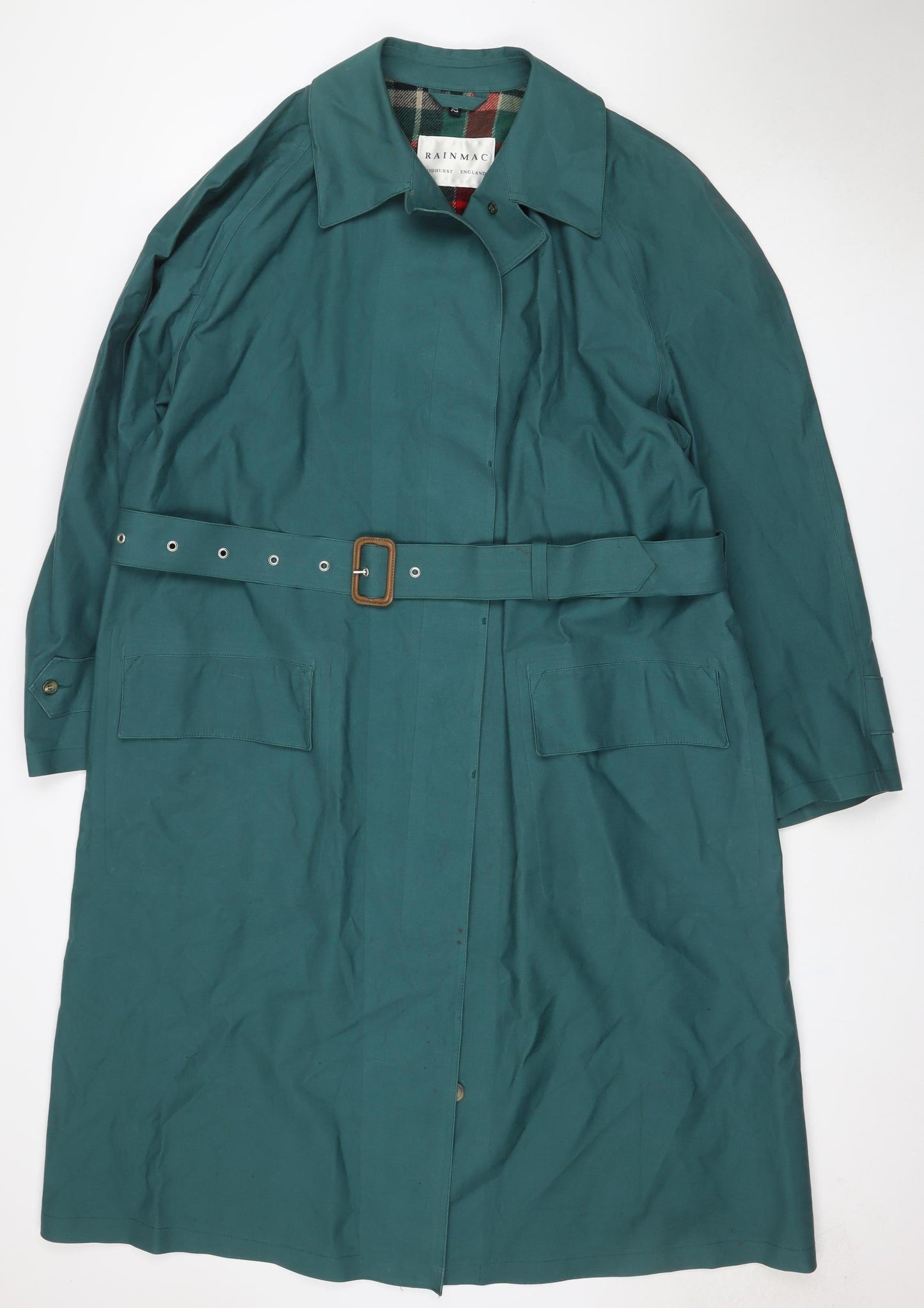 Rainmac Women’s Green Size 12 Belted Long Rain Coat Plaid Lined