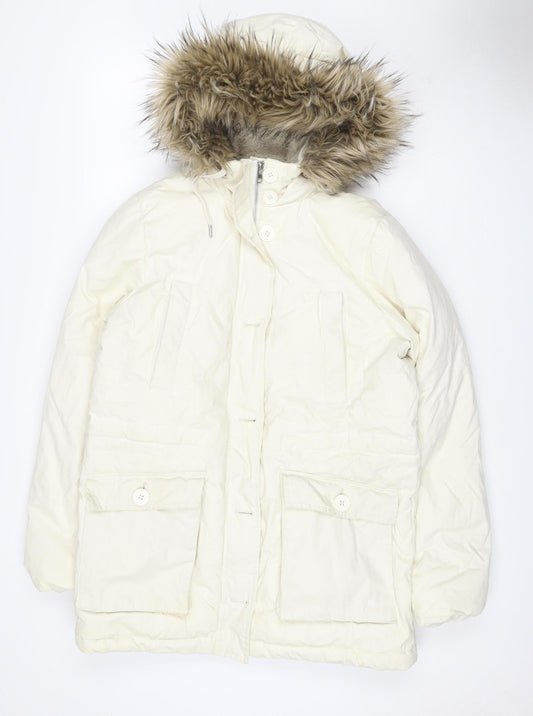 Jack Wills Women's White UK 12 Fur Trim Hooded Parka Coat