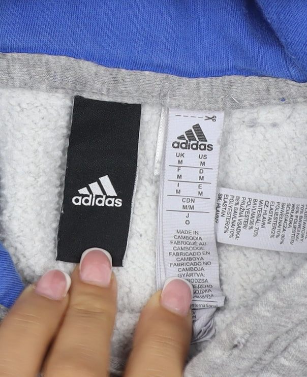 Adidas Men Grey M Pullover Hoodie Blue 3 Stripe Logo Sports Fleece