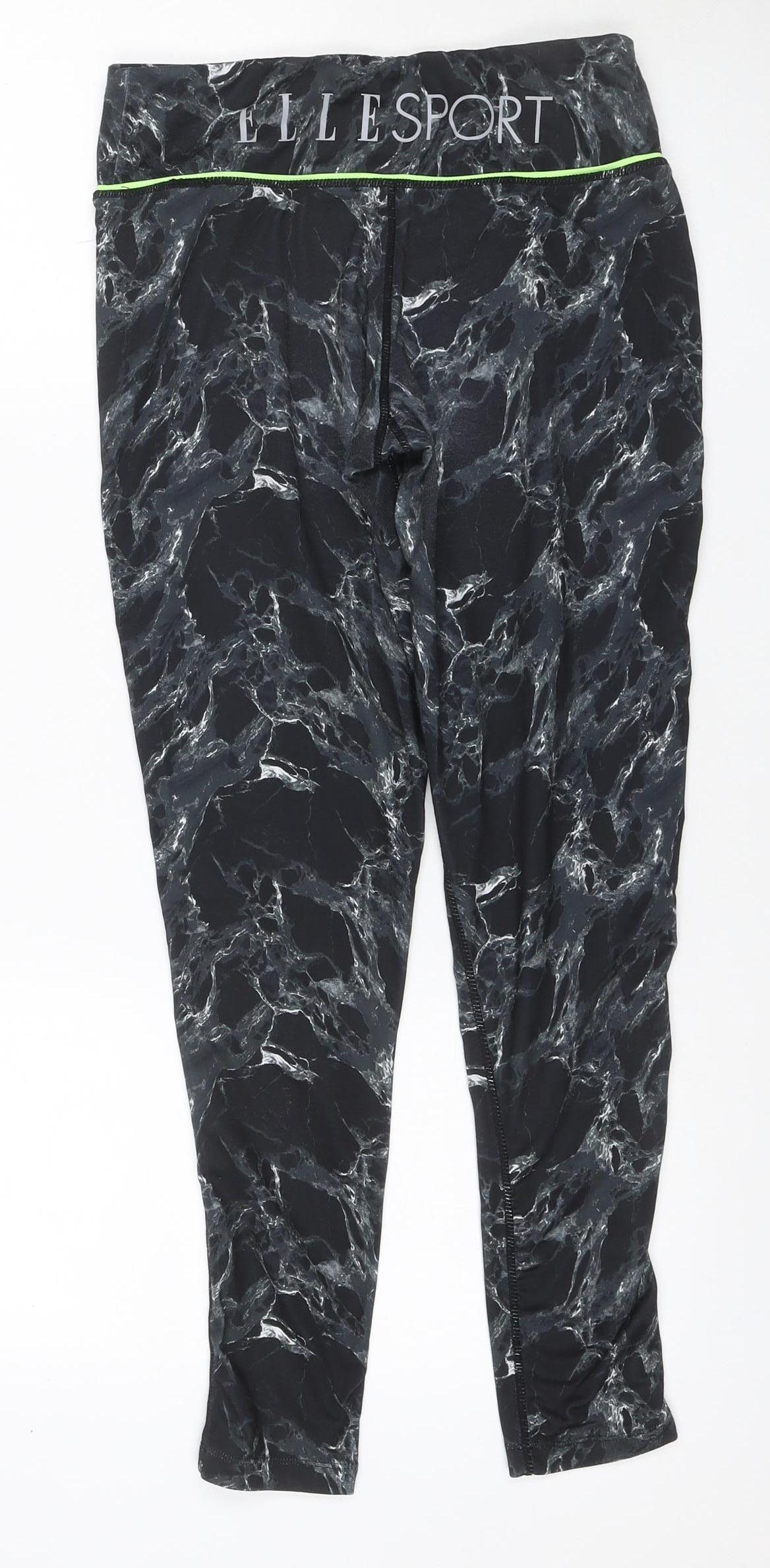 Elle Sport Women’s Black Marble Print Leggings UK 12 Gym Stretch