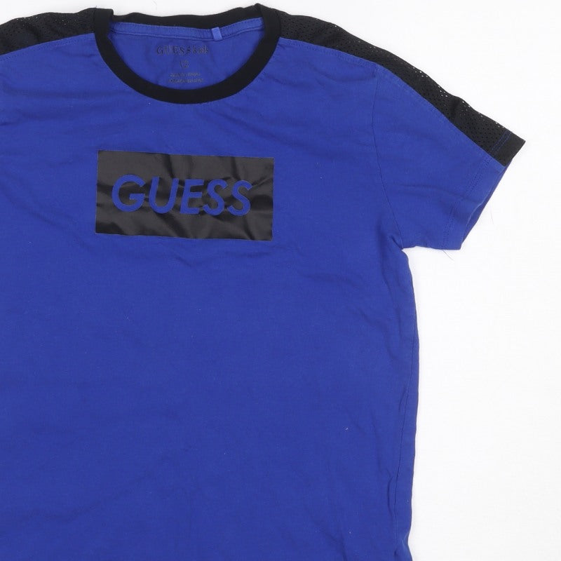 Guess Kids Boys Blue Black Logo Mesh Sleeve T-Shirt Age 12 Years Jersey