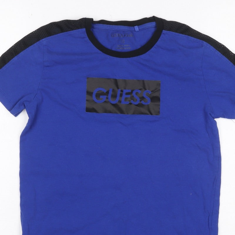 Guess Kids Boys Blue Black Logo Mesh Sleeve T-Shirt Age 12 Years Jersey