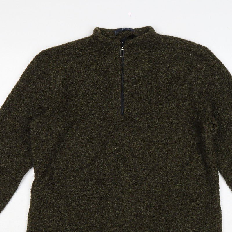 POEM Women Green Bouclé 1/4 Zip High Neck Sweatshirt UK 12
