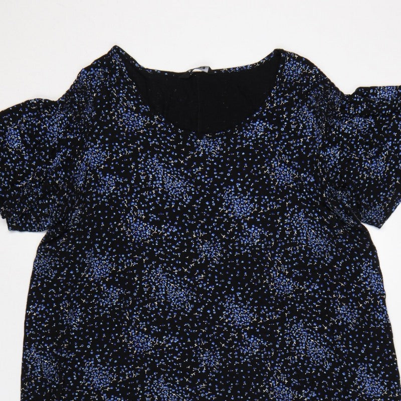 Evans Women Black Blue Floral Shift Dress UK 20 Flutter Sleeve
