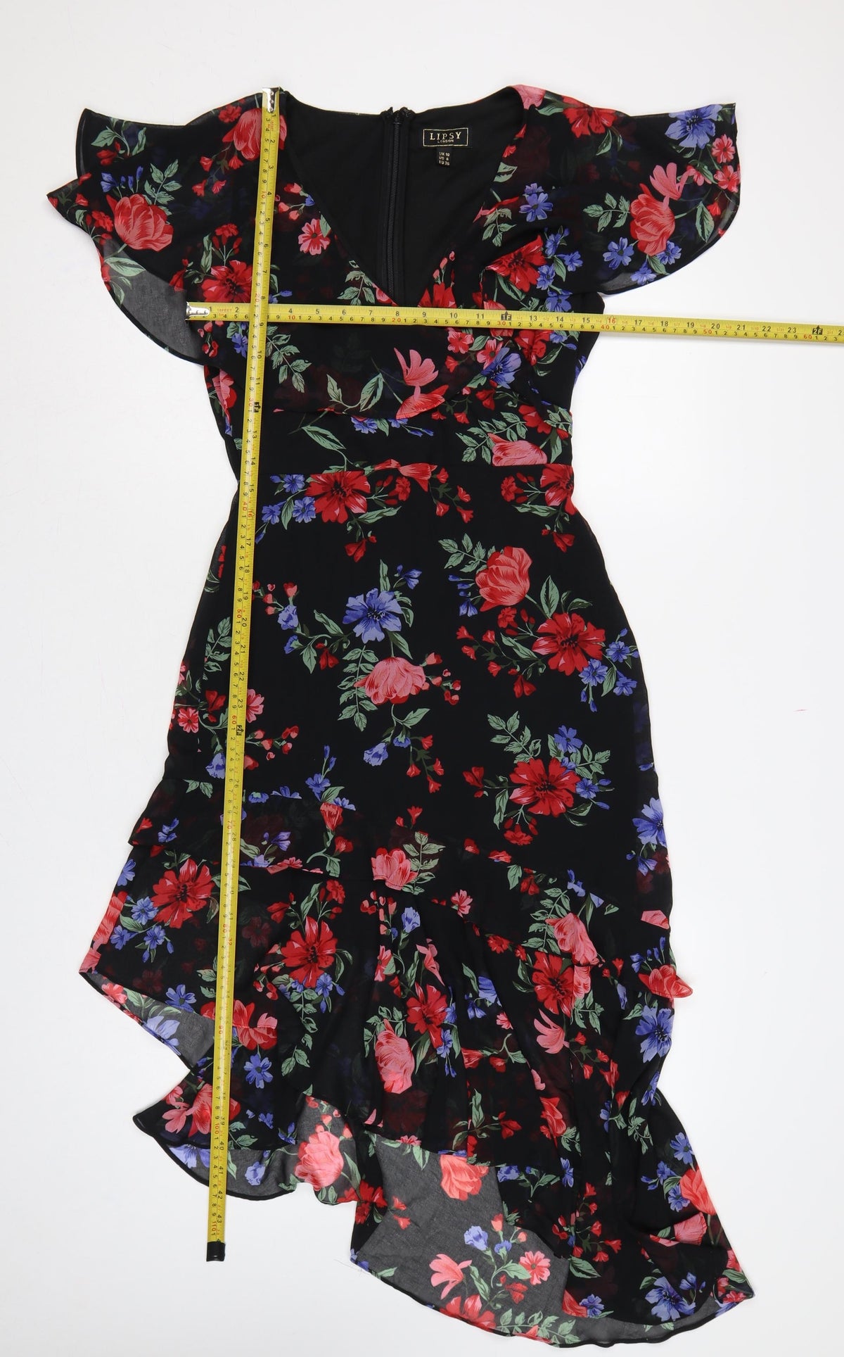 Lipsy Women Black Floral UK 10 Hi-Low Fit & Flare Chiffon Dress