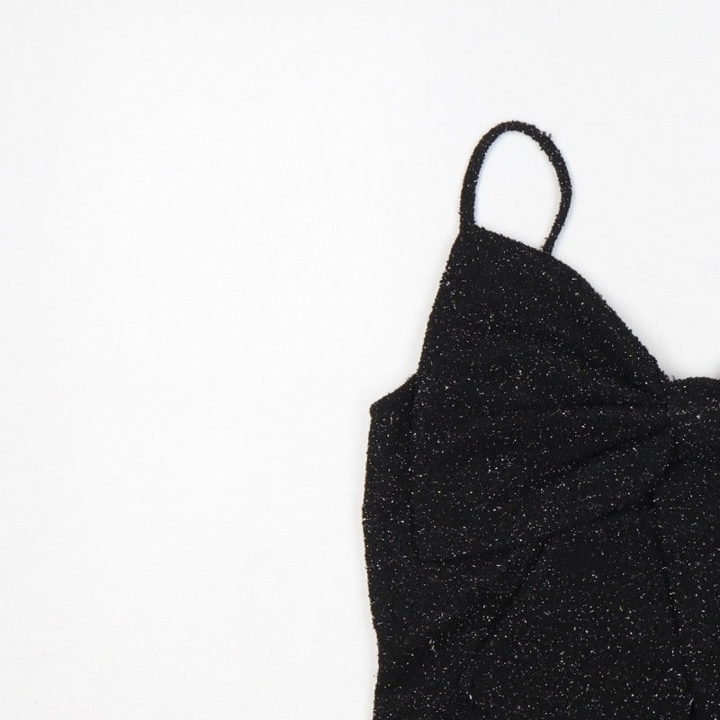 H&M Women Black Glitter Knit V-Neck Spaghetti Strap Cami Tank Top L