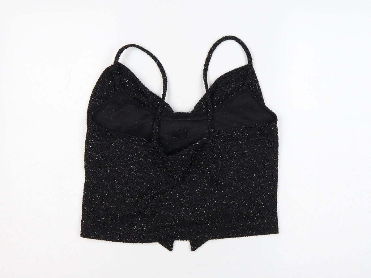 H&M Women Black Glitter Knit V-Neck Spaghetti Strap Cami Tank Top L