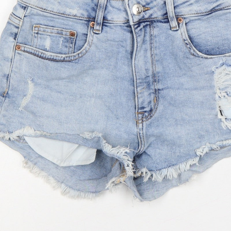 H&M Divided Women Blue UK 12 High Rise Distressed Denim Cut-Off Shorts