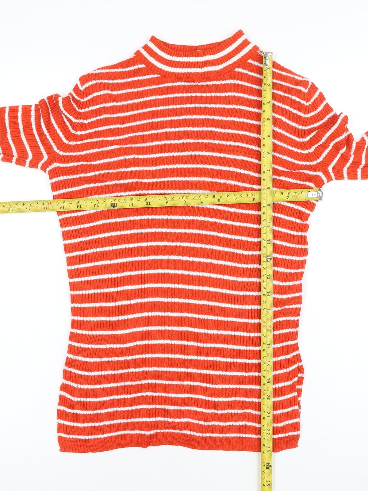 Vila Women Orange White Striped Rib Knit Mock Neck Long Sleeve Top S