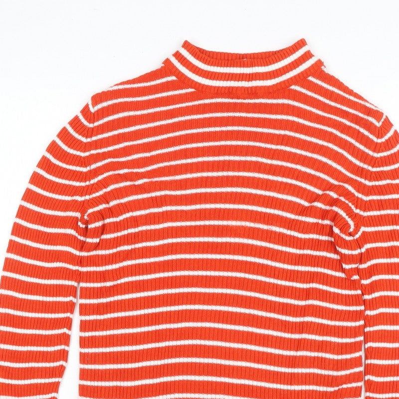 Vila Women Orange White Striped Rib Knit Mock Neck Long Sleeve Top S