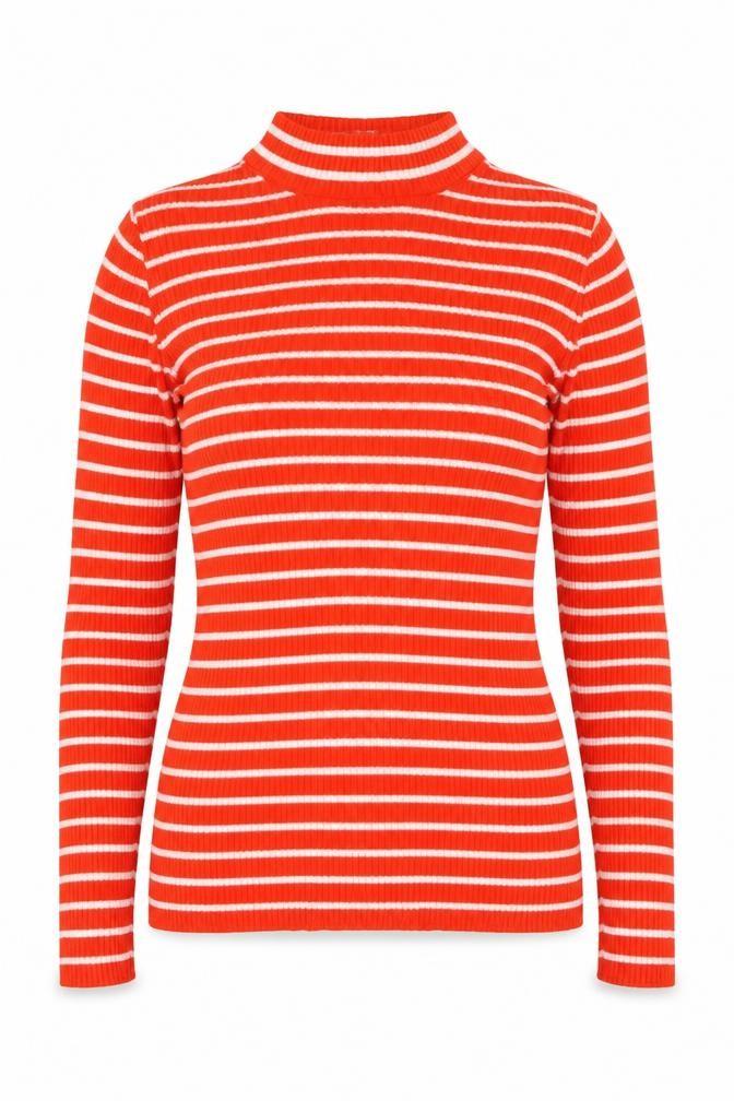 Vila Women Orange White Striped Rib Knit Mock Neck Long Sleeve Top S