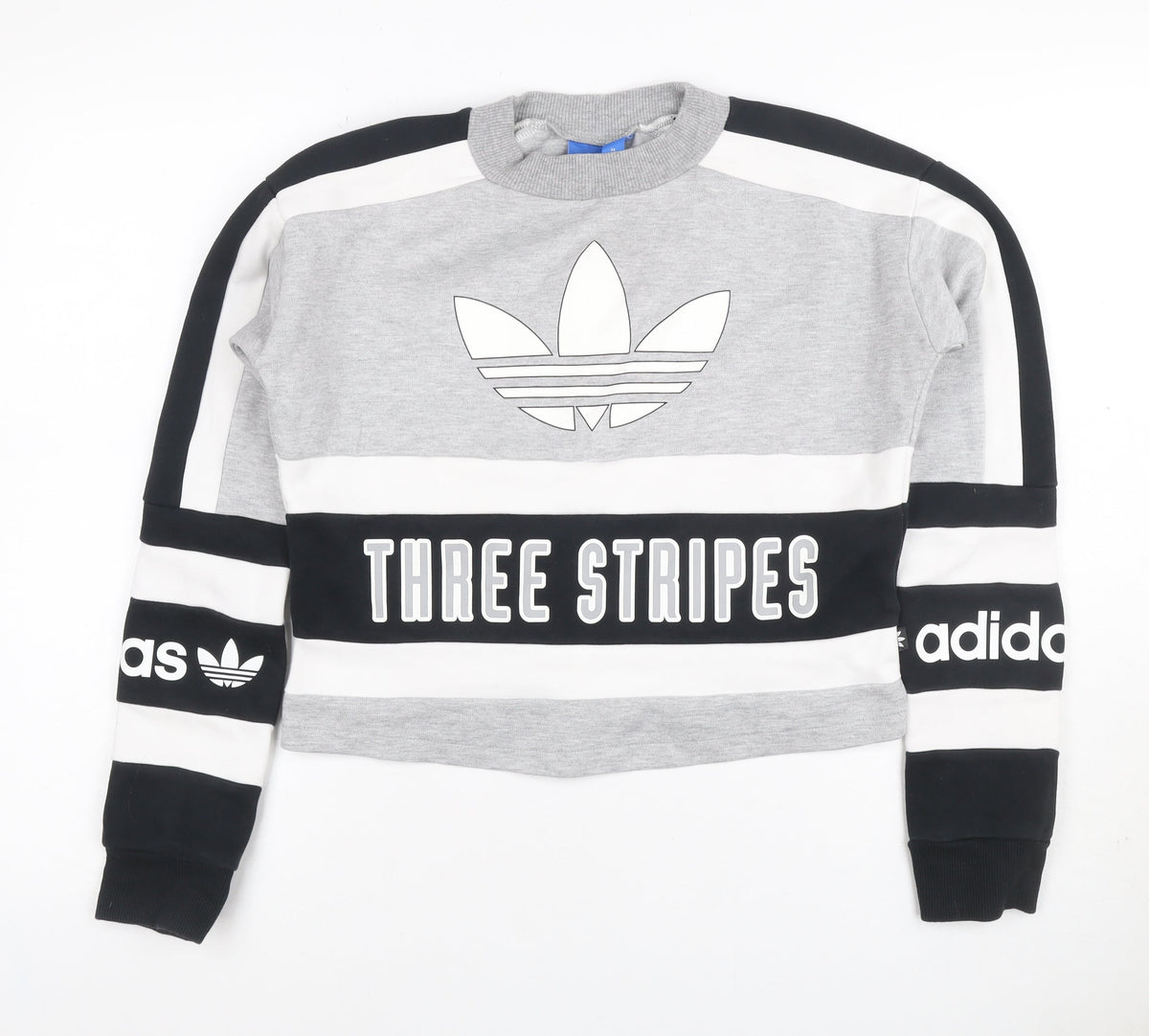 Adidas Women Grey Black White Size 6 Colourblock Logo Sweatshirt