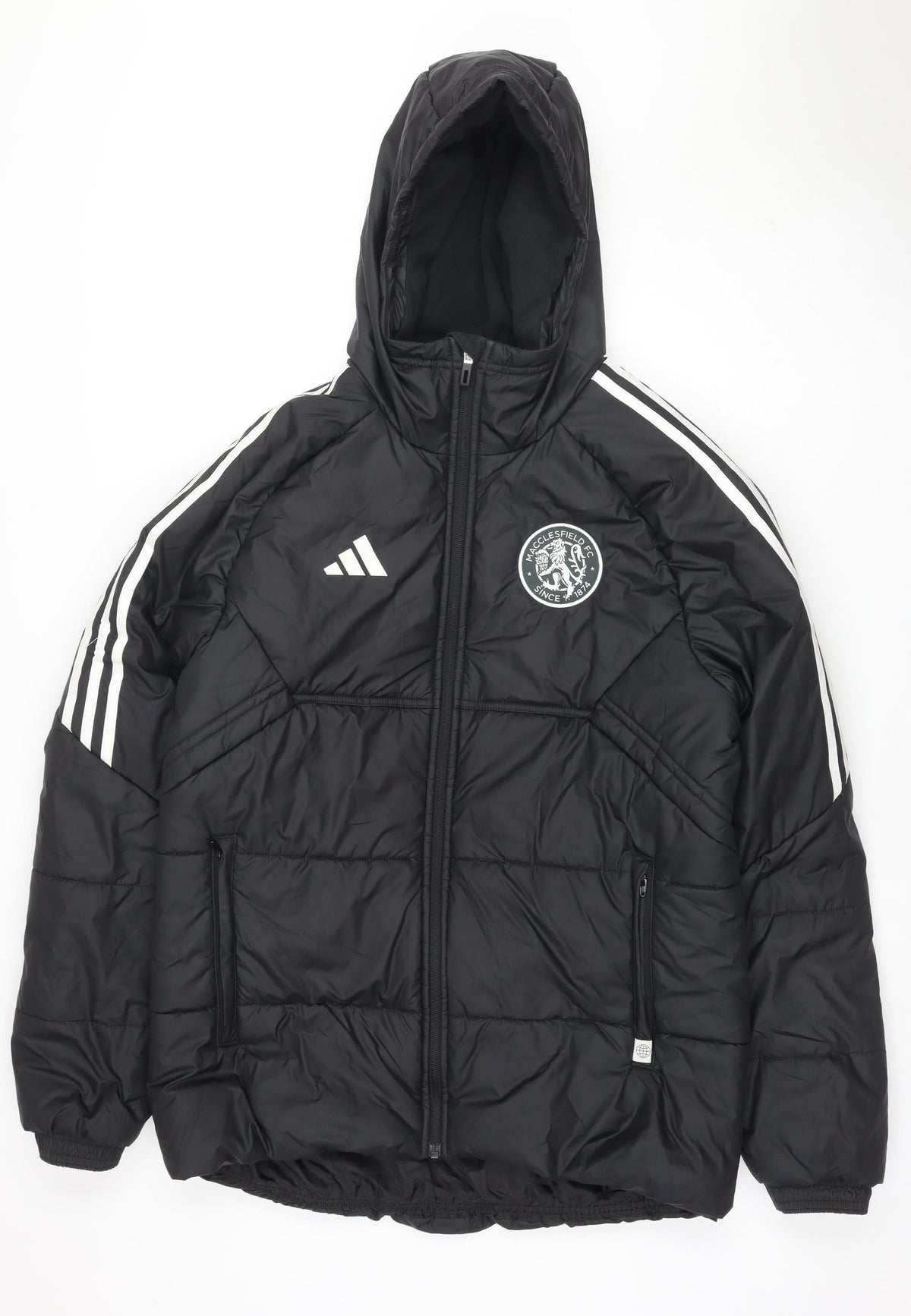 adidas Men Black M Puffer Jacket Hooded Macclesfield FC Quilted Logo