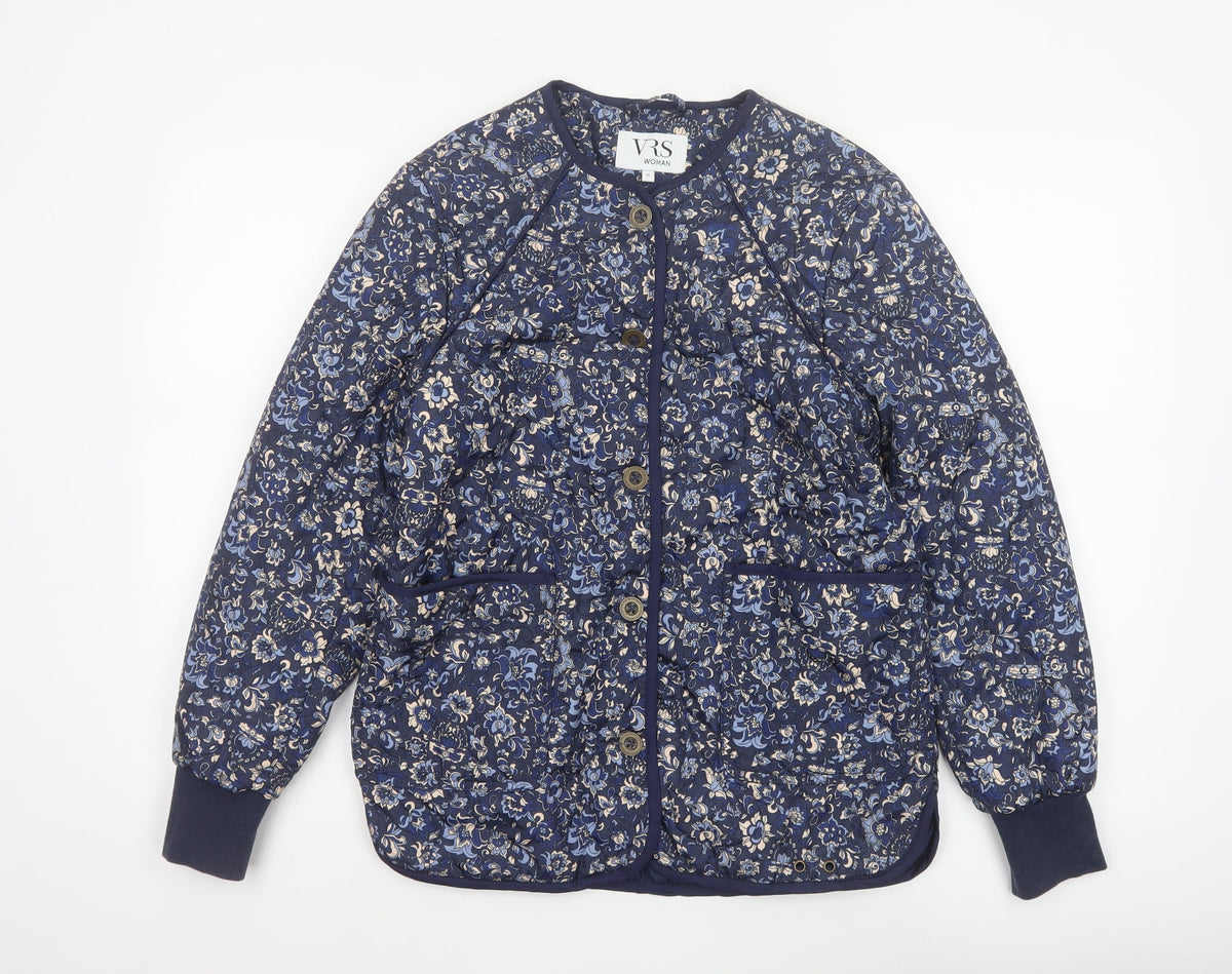VRS Woman Women's Blue Floral Quilted Jacket Size S Button Padded