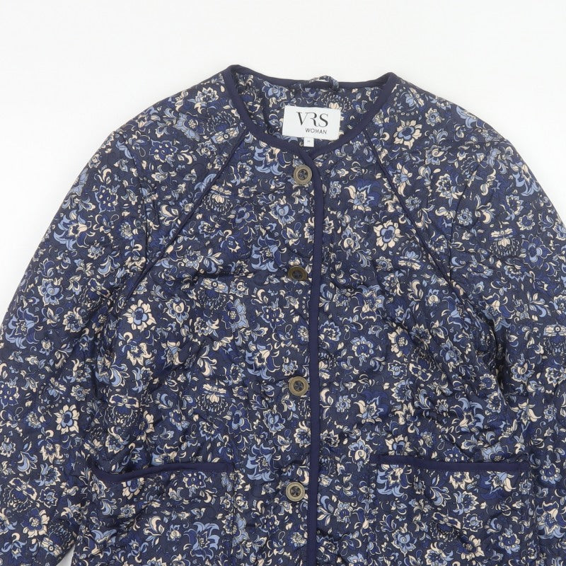 VRS Woman Women's Blue Floral Quilted Jacket Size S Button Padded
