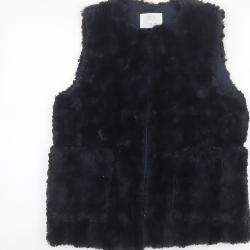 Zara Girls Black Basic Jacket 11-12 Years Faux Fur Lined Waistcoat