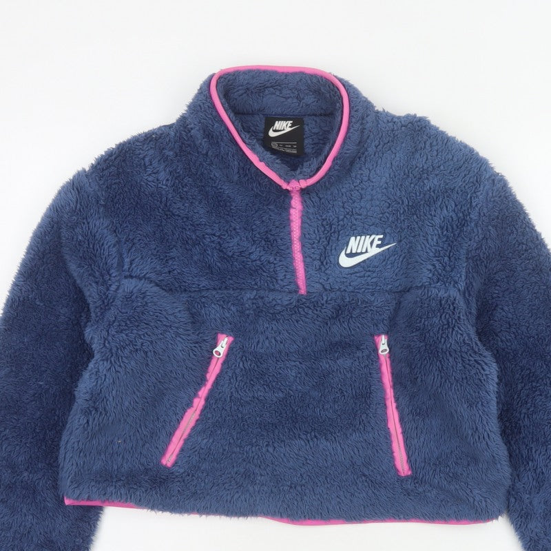 Nike Women’s Blue XS 1/4 Zip Sherpa Fleece Sweatshirt Pink Trim