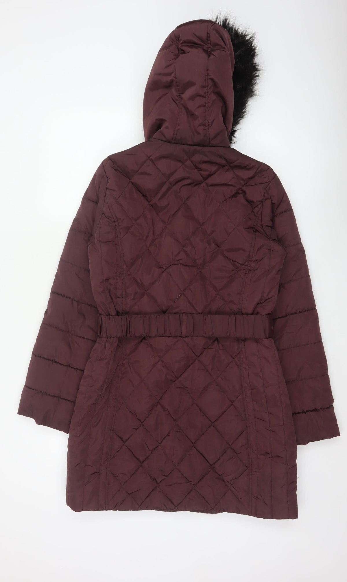 Dorothy Perkins Women Red UK 12 Quilted Belted Faux Fur Hood Puffer Coat