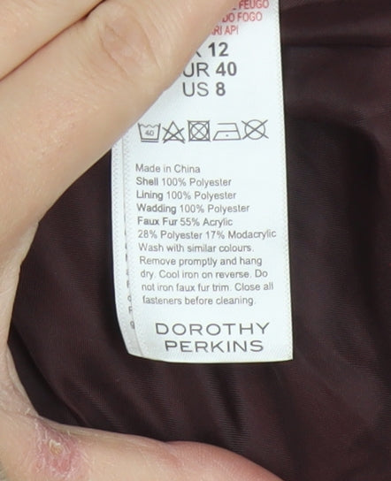 Dorothy Perkins Women Red UK 12 Quilted Belted Faux Fur Hood Puffer Coat