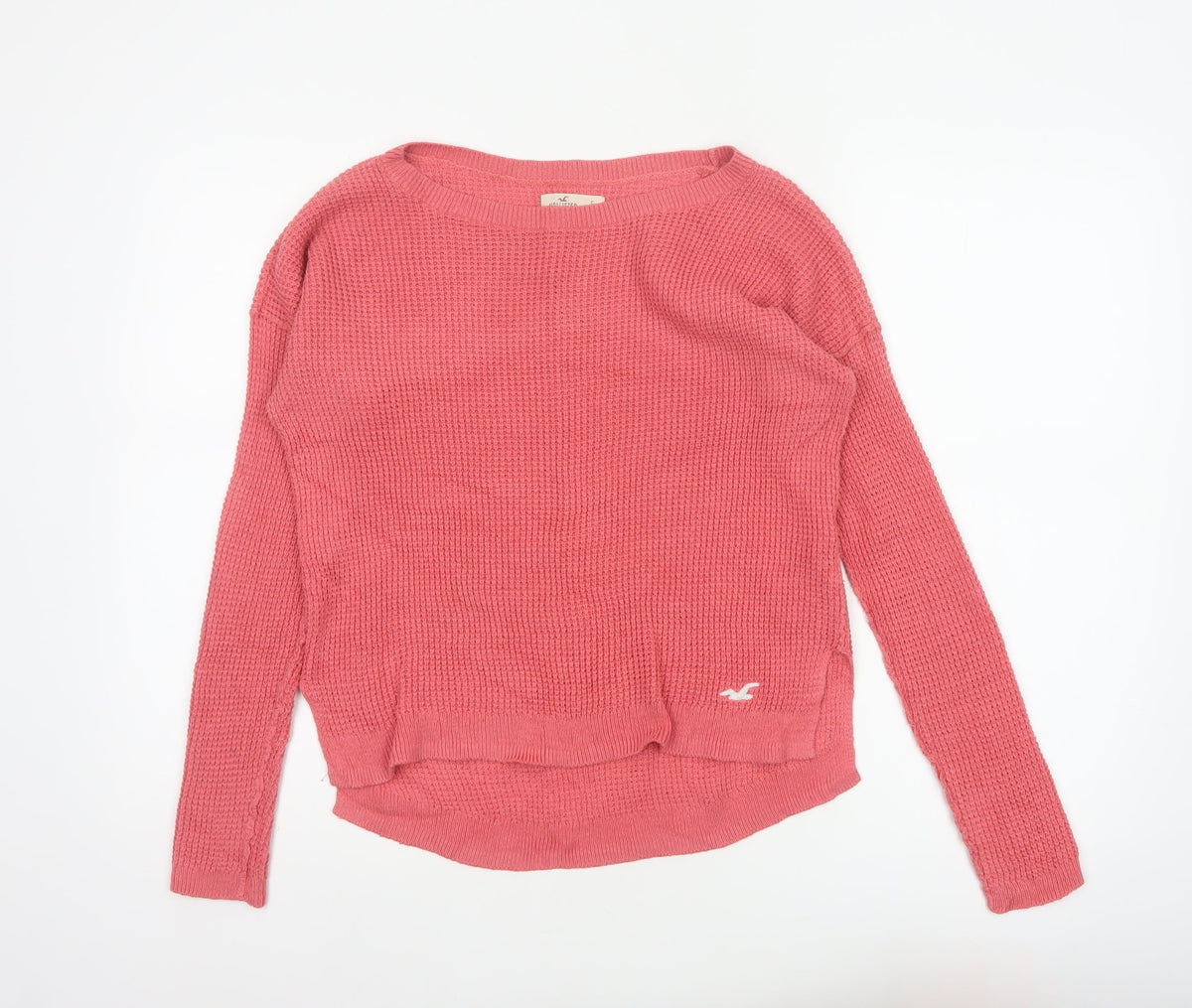Hollister Women Pink S Waffle Knit Crew Neck Logo Pullover Jumper