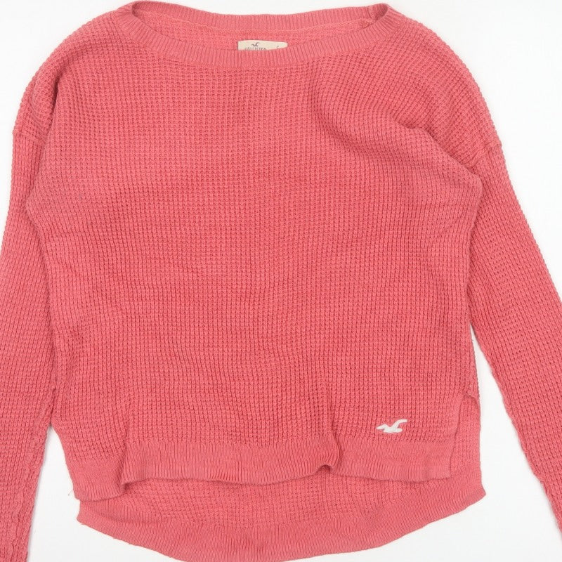 Hollister Women Pink S Waffle Knit Crew Neck Logo Pullover Jumper