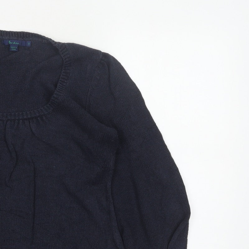 Boden Women Blue UK 12 Linen Silk Cable Knit Scoop Neck Balloon Sleeve Jumper