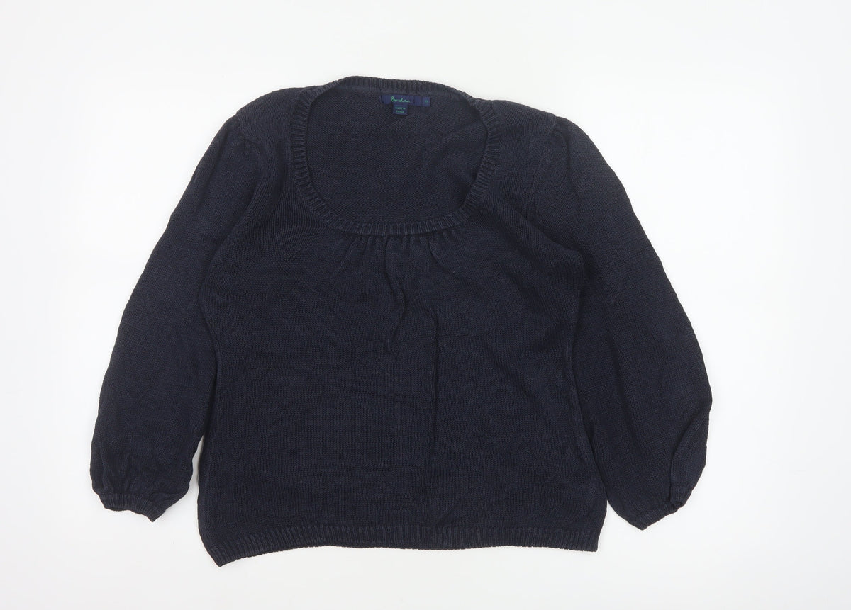Boden Women Blue UK 12 Linen Silk Cable Knit Scoop Neck Balloon Sleeve Jumper