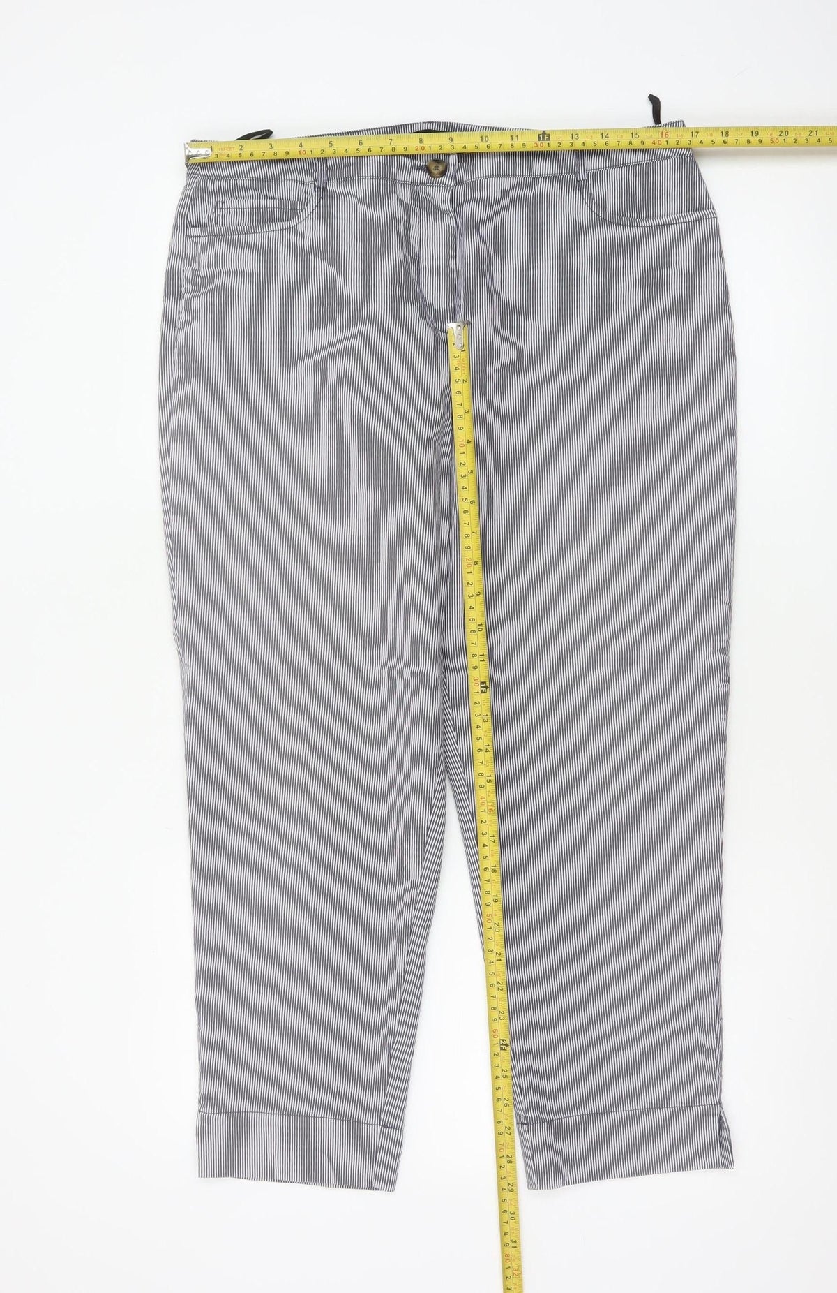 Jaeger Women Blue Pinstripe Chino Trousers UK 14 Tapered Cuffed