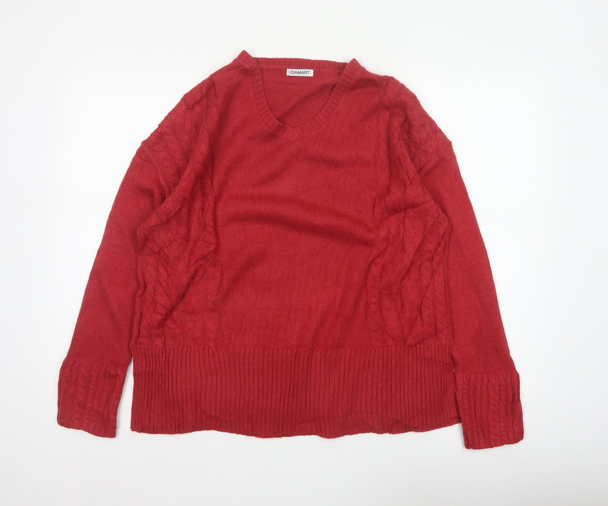 Damart Women Red Cable Knit V-Neck Pullover Jumper UK 16