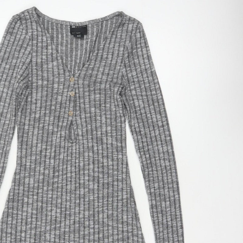ASOS Design Women Grey Rib Knit Button Skater Dress UK 8