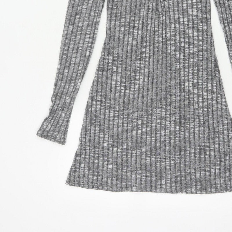 ASOS Design Women Grey Rib Knit Button Skater Dress UK 8