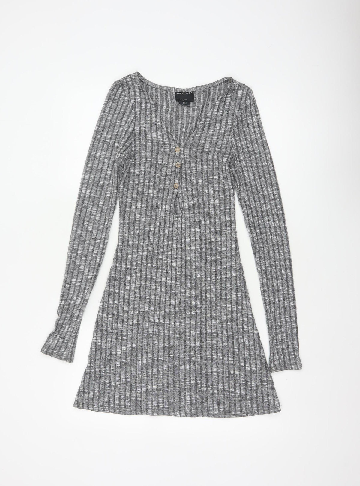 ASOS Design Women Grey Rib Knit Button Skater Dress UK 8