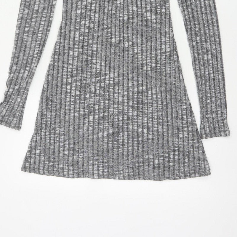 ASOS Design Women Grey Rib Knit Button Skater Dress UK 8