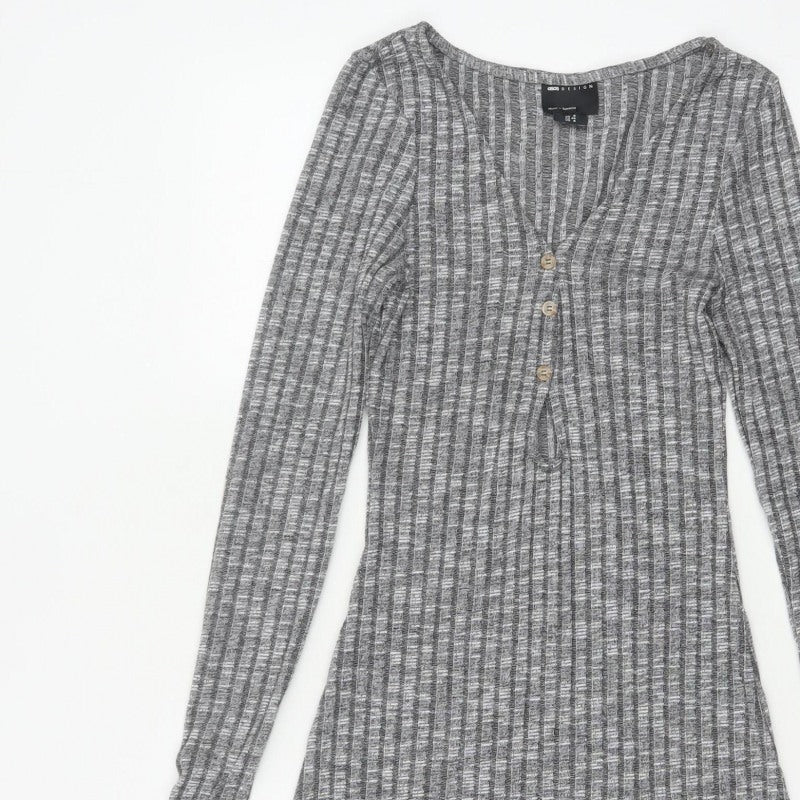 ASOS Design Women Grey Rib Knit Button Skater Dress UK 8