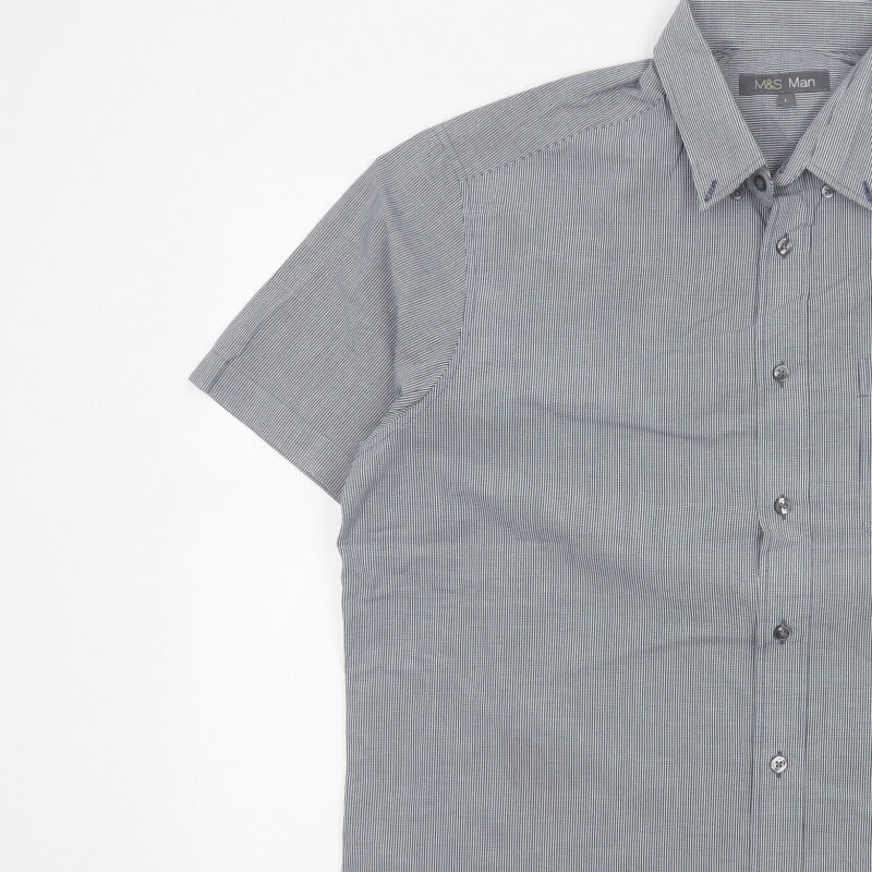 Marks and Spencer Men Blue Check L Short Sleeve Button-Up Shirt