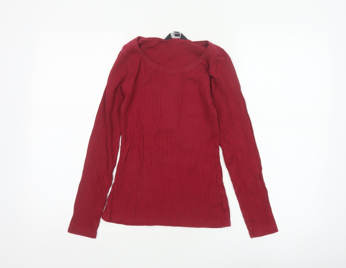 Dorothy Perkins Women Red UK 8 Ribbed Cotton Scoop Neck Long Sleeve Top