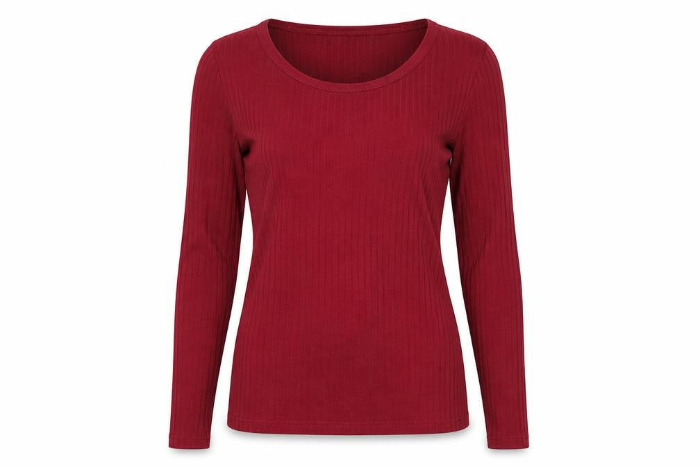 Dorothy Perkins Women Red UK 8 Ribbed Cotton Scoop Neck Long Sleeve Top