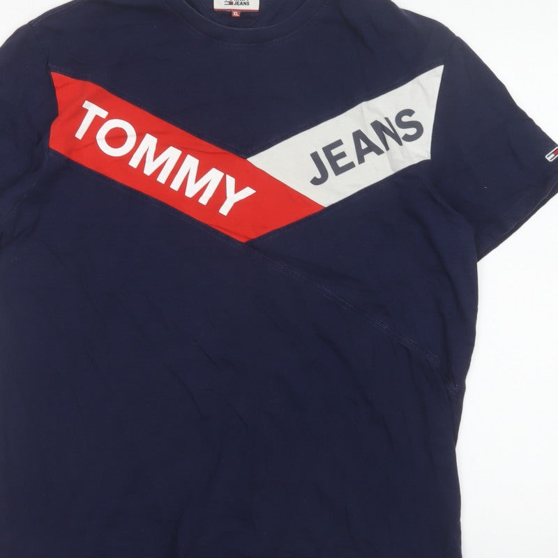 Tommy Jeans Men's Blue XL Colourblock Logo Graphic Cotton T-Shirt
