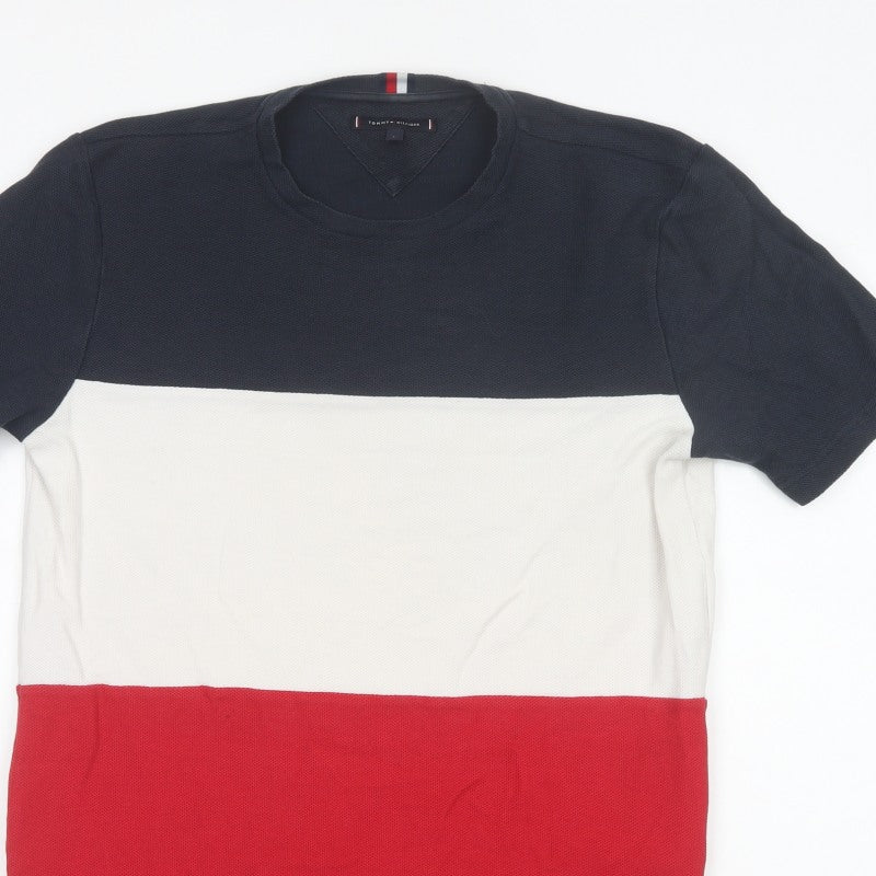 Tommy Hilfiger Men's L Red White Navy Colourblock Cotton T-Shirt