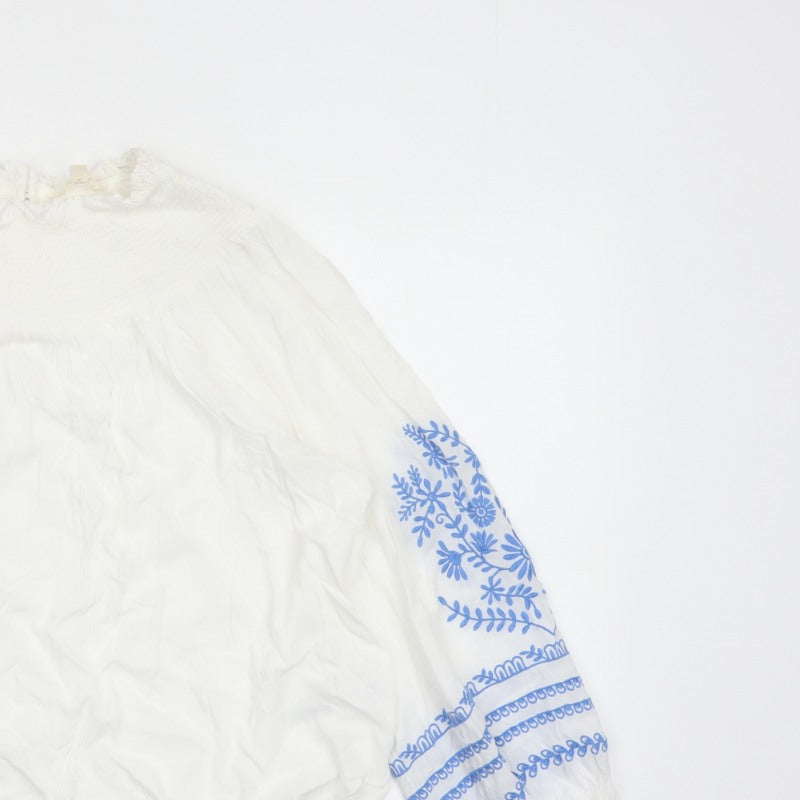 Marks and Spencer Women White Blue Floral Embroidered Blouse UK 16